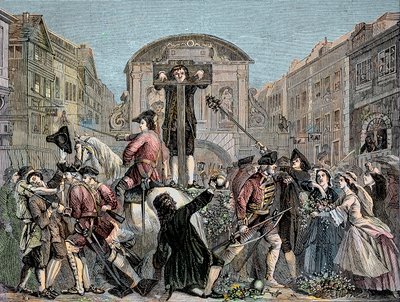 Daniel Defoe (De Foe) (1659-1731) am Pranger in London im Jahr 1703 für die Veröffentlichung seiner ironischen Schrift „The Shortest Way With the Dissenters“ - Der Schriftsteller und Abenteurer Daniel Defoe (1659-1731) wurde 1703 für seine Schriften gegen  von Unknown artist