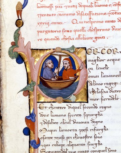 Dante Alighieri: Divina Commedia (Göttliche Komödie) Anfang des Purgatoriums. Dante und Virgil. Manuskript aus dem 14. Jahrhundert. Milano bibl. Trivulziana von Unknown artist