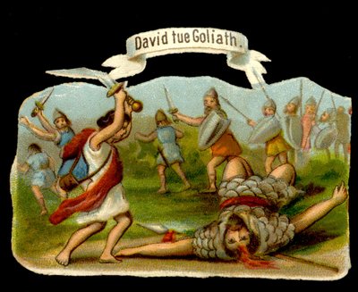 David und Goliath: David tötet Goliath mit seinem Schwert. Chromolithographie aus dem 19. Jahrhundert von Unknown artist