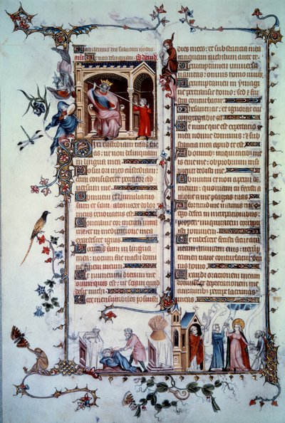 David wird von Saul bedroht. Allegorie der Gier. Sakrament der Kommunion. Allegorie der Nächstenliebe. Miniatur aus dem Psalter „Breviaire de Belleville“ von Unknown artist