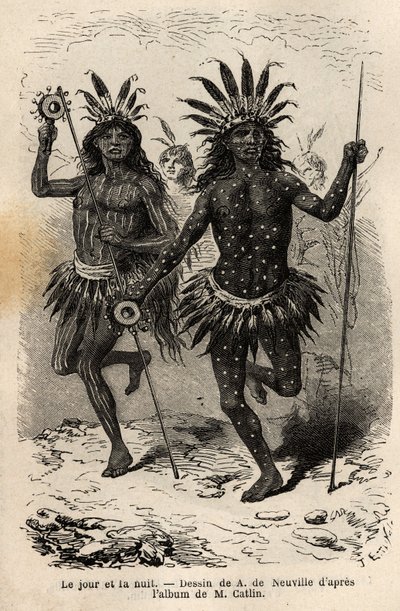 Tag und Nacht, Malereien auf dem Körper der Tänzer der religiösen Zeremonie und Sühne, ausgeführt von den Häuptlingen und seinen Gefährten, unter den Mandan-Indianern (oder Noumah Ka Kie: Fasanen), am linken Ufer des Missouri. Gravur zur Illustration einer von Unknown artist