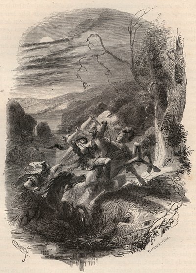 Tod von Indutiomarus, Anführer der Treverer, getötet von der römischen Armee im Jahr 53 v. Chr. Gravur von 1868 in „Histoire de Belgique von den frühesten Zeiten bis zum Ende der Herrschaft von Leopold I.“ von Theodore Juste (1818-1888). Private Sammlung. von Unknown artist