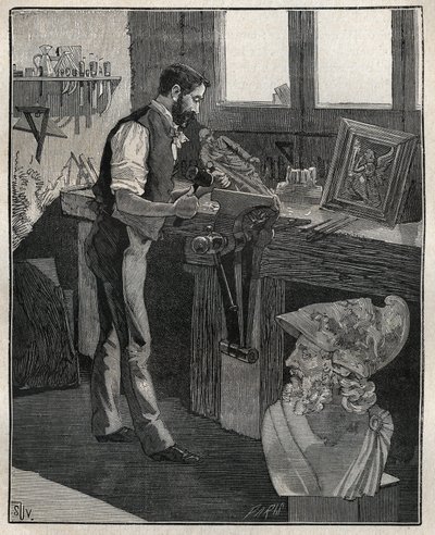Dekoration von Silberwaren: Bronzemeißler. Gravur von 1885 in „Les arts et métiers illustrés“ von Adolphe Bitard. von Unknown artist
