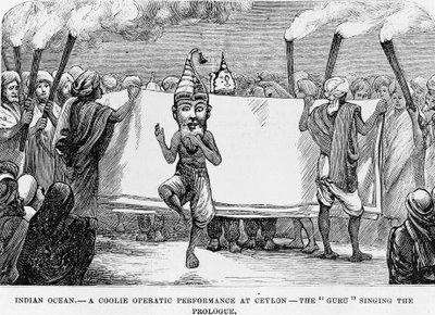 Vorführung von Volkskunst in Ceylon (heutiges Sri Lanka). Gravur des 19. Jahrhunderts von Unknown artist