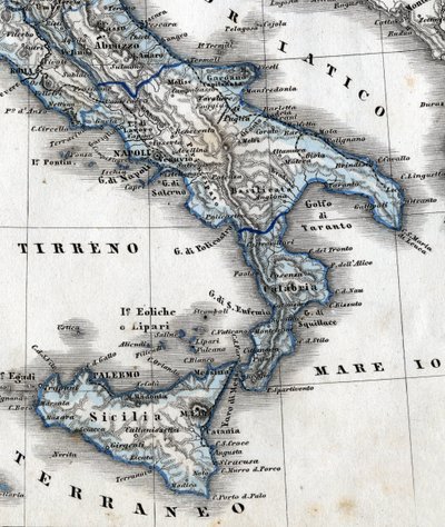 Detail einer geografischen Karte, die Süditalien darstellt (Regionen Kampanien, Kalabrien, Sizilien, Apulien, Molise, Abruzzen). 19. Jahrhundert von Unknown artist