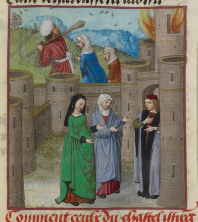 (Detail) von Danger und anderen allegorischen Figuren, die aus der brennenden Burg fliehen aus 