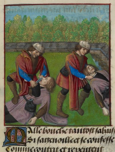 Detail einer Miniatur, die Abstinence Contrainte (Erzwungene Enthaltsamkeit) und Faux Semblant (Falscher Schein) zeigt, die Malebouche (Böse Zunge) töten und seine Zunge abschneiden, aus 