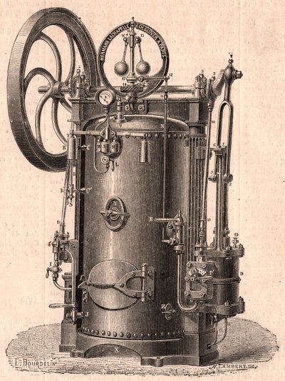 Detaillierte technische Ansicht einer kleinen Dampfmaschine, produziert in Paris im Jahr 1866: Kessel, Zylinder, Kolben, Pleuelstange und Schwungrad von Unknown