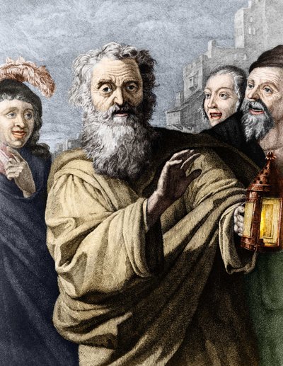 Diogenes (kynischer Philosoph) und seine Laterne, mit der er einen ehrlichen Mann suchte. Gravur des 19. Jahrhunderts von Unknown artist