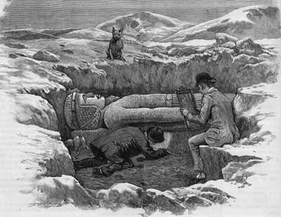 Entdeckung der kolossalen Statue von Ramses II. Hieroglyphen werden mit einer Spiegelreflexion berechnet. Gravur von 1886 von Unknown artist