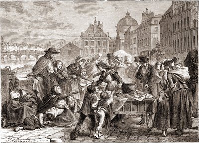 Verteilung von Lebensmitteln an hungernde Bauern um 1820 - in „L