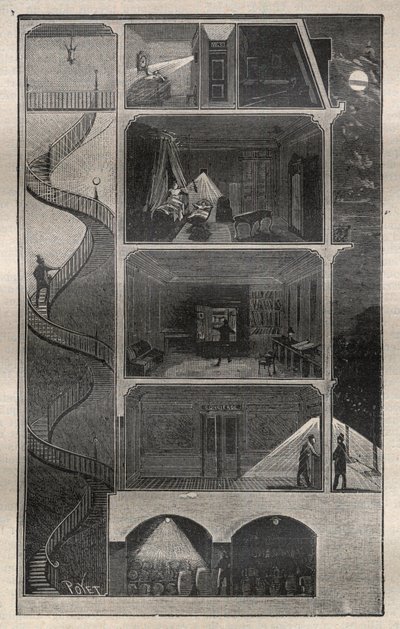 Haushaltselektrizität: Querschnitt eines mit Elektrizität ausgestatteten Gebäudes - Gravur in „La Science française“ von Unknown artist