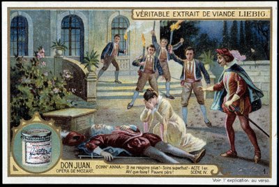 Donna Anna entdeckt ihren toten Vater - „Er atmet nicht mehr! Überflüssige Sorge! Was tun? Armer Vater! - Akt I, Szene 4 von Don Juan (Don Giovanni), Oper von Mozart (1756-1791) - Liebig Chromolithographie von Unknown artist