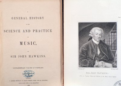 Doppelseite und Frontispiz der Allgemeinen Geschichte der Wissenschaft und Praxis der Musik von John Hawkins von Unknown artist
