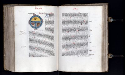 Doppelseite mit der schematischen Weltkarte im T-O-Modell, drei Kontinente sind dargestellt (Asien, Afrika und Europa). Manuskript „Ethymologies“ (Etymologiae) von Isidorus (Isidor von Sevilla) (560/570-636) 12. Jahrhundert. 1472 von Unknown artist