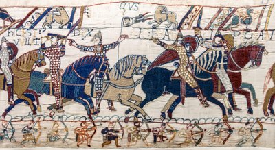 Herzog Wilhelm zeigt seinem Heer das Gesicht, Bayeux-Tapete (Wollstickerei auf Leinen) von Unknown artist