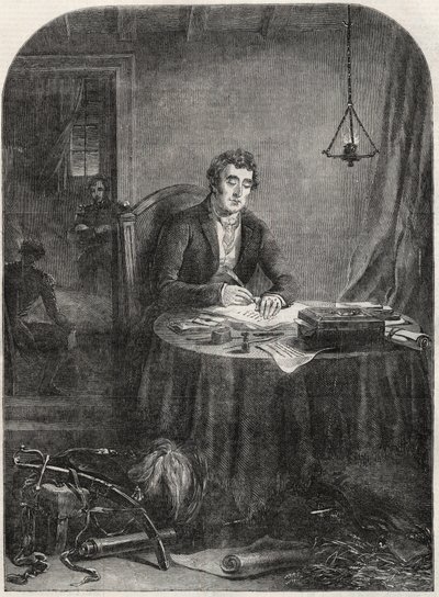 Duke of Wellington (Arthur Wellesley) schreibt nach Waterloo, 19. Juni 1815 (Stich 1852) von Unknown artist