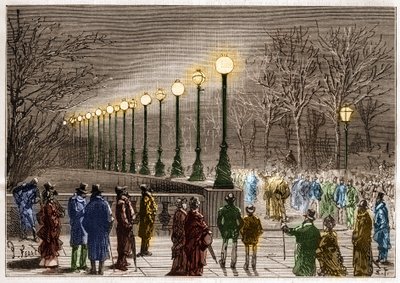 Elektrische Beleuchtung: Stehlampen vom Victoria Quay in London, Großbritannien. Gravur in „La Nature“ von Unknown artist