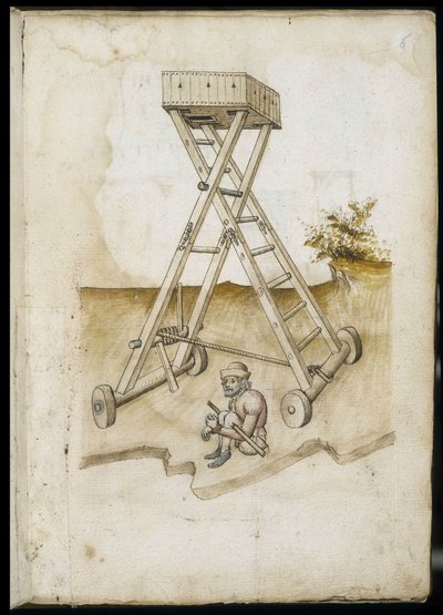 Hebevorrichtung und gefesselter Gefangener - Manuskript: Pergamentblatt aus einem Ingenieurshandbuch für den Bau ziviler, religiöser und militärischer Gebäude, anonym, spätes 15. Jahrhundert (Figur in chinesischer Tinte) von Unknown artist