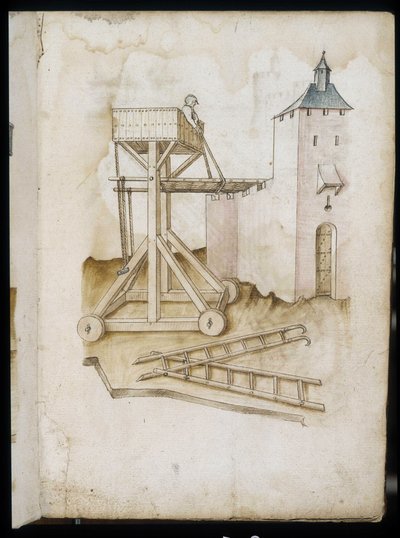 Hebesystem und Skalen - Manuskript: Pergamentblatt aus dem Handbuch eines Ingenieurs für den Bau ziviler, religiöser und militärischer Gebäude, anonym, Ende des 15. Jahrhunderts (Figur in chinesischer Tinte) von Unknown artist