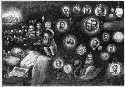 Englische elektrische Karikatur. - Der Traum einer Gasgesellschaft. Sir HENRY CHATLEY TYLER, britischer Förderer des Brush-Systems. - 2. GEORGES OFFOR, Chefingenieur der South Eastern Brush Electric Co. - 3. ROBERT HAMMOND, Förderer der Hammond Electric Li von Unknown artist