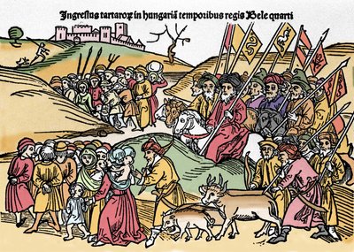 Einzug der Tataren in Ungarn unter der Herrschaft von Bela IV. (1235-1270) von Ungarn. Gravur aus „Chronica Hungariae“. Biblioteca Marciana, Venedig von Unknown artist
