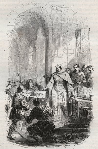 Ermesinde, Gräfin von Luxemburg - Charta der Postgebühren, gewährt von Ermesinde I. von Luxemburg an die Einwohner von Luxemburg im Jahr 1243 - Gravur von 1868 in „Geschichte Belgiens von den Urzeiten bis zum Ende von Leopold I.“ von Theodore Juste (1818-1 von Unknown artist
