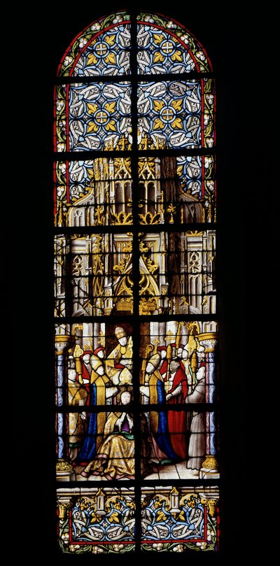 Eugene III., ehemaliger Mönch von Clairvaux, besteigt am 15. Februar 1145 den päpstlichen Thron. Buntglasfenster in der Kathedrale von Tournai: linkes Querschiff (2). von Unknown artist
