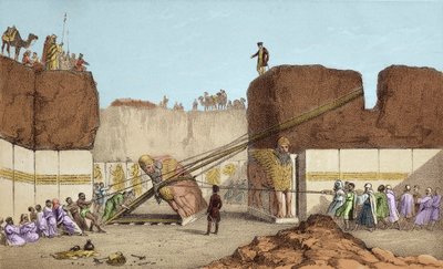 Ausgrabungen von Ninive - Die Ruinen von Nimrud von Henri Layard (nach seiner Reise nach Mesopotamien im 19. Jahrhundert); Ersatz des großen Flügelstiers - Der Versand eines geflügelten Stiers aus Nimrud während der Ausgrabungen von Sir Austen Henry von Unknown artist