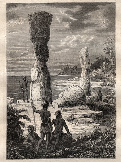 Expedition um die Welt (1785-1788) von Jean François Galaup de La Pérouse (1741-1788): Eingeborene der Osterinsel betrachten monumentale Statuen (Moai) - Illustration aus „Die großen Seefahrer des 18. Jahrhunderts“ von Unknown artist