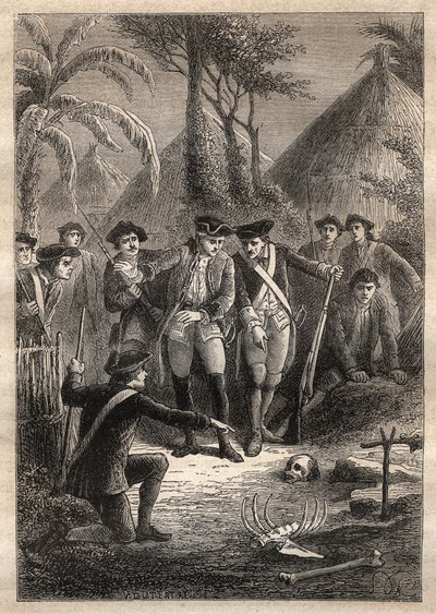Expedition von Nicolas Thomas Marion-Dufresne (1729-1772): auf der Suche nach Marion und ihren vermissten Kameraden entdecken Matrosen einen Schädel und menschliche Überreste im Dorf Tacouri (Matuaro-Insel, Neuseeland) - Illustration aus „Die großen Seefah von Unknown artist