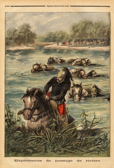 Erfahrung der Flussüberquerung durch das 7. Dragonerregiment in Fontainebleau. Gravur in „Le petit journal“ 6.09.1896. Sammlung Selva. von Unknown artist