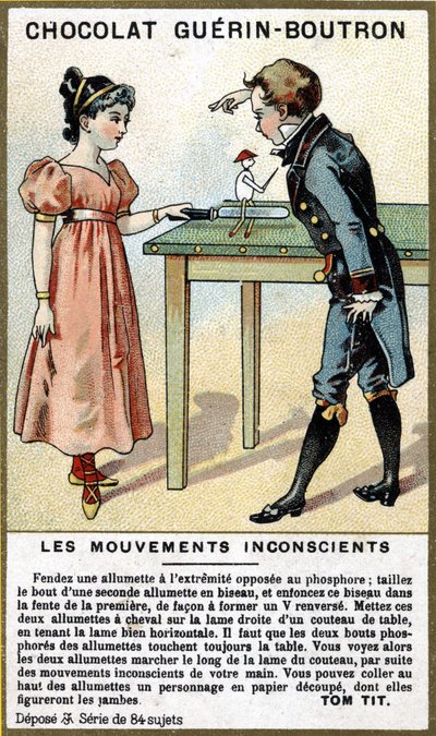 Erfahrung von zwei Kindern mit Streichhölzern und einem Messer. Chromolithographie von Schokoladenverpackungen Guérin Boutron von Unknown artist