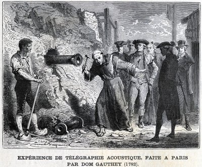 Experiment in der akustischen Telegrafie, durchgeführt in Paris von Gauthey im Jahr 1782, Gravur 19. Jahrhundert, Bianchetti-Sammlung. von Unknown artist