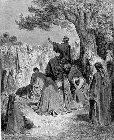 Auszug aus dem Evangelium des Matthäus. Jesus Christus predigt vor der Menge seiner Jünger. Gravur aus dem 19. Jahrhundert von Unknown artist