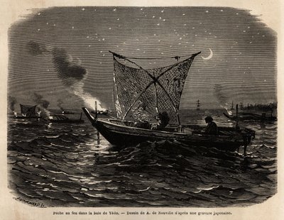 Feuerfischen in der Bucht von Yedo (oder Edo, heutiges Tokio), während der Nacht, jedes Boot trägt eine Art Grill an der Vorderseite, das Licht zieht Fische an, die mit einem großen Netz gefangen werden. Illustration Japans, Reisebericht von Aime Humbert,  von Unknown artist
