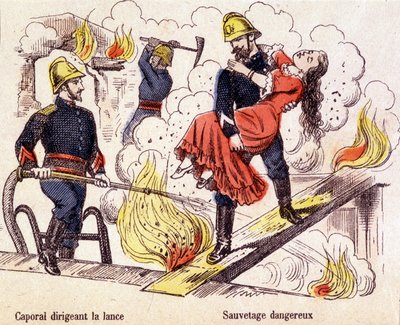 Feuerwehrmann rettet eine junge Frau aus den Flammen eines Feuers von Unknown artist