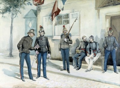 Feuerwehrleute vor ihrer Kaserne im Jahr 1870 von Unknown artist