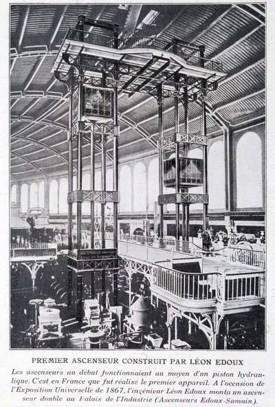 Erster Aufzug gebaut von Léon Edoux bei der Weltausstellung 1867 von Unknown artist