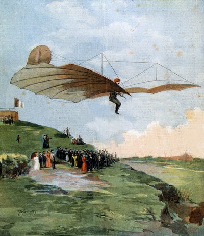 Erster Gleitflugtest von Otto Lilienthal (1848-1896), einem deutschen Ingenieur, auf seinem Flugzeug im Jahr 1894 von Unknown artist