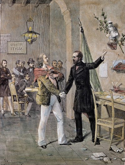 Erstes Treffen zwischen Giuseppe Garibaldi und Giuseppe Mazzini in Marseille 1833 (Gravur) von Unknown artist