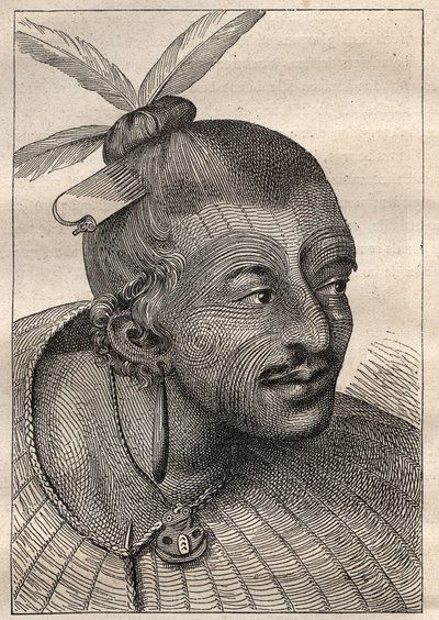 Erste Reise (1768-1771) von Kapitän James Cook (1728-1779): tätowierter Kopf eines Neuseeländers - Illustration aus „Die großen Seefahrer des 18. Jahrhunderts“ von Unknown artist