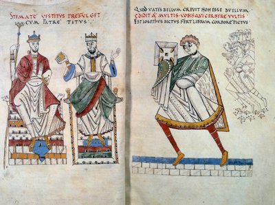 Flavius Josephus (ursprünglich Yossef ben Matityahu), griechischsprachiger jüdischer Historiker (37-100), bietet seine Bücher den Kaisern Titus und Vespasian an. Miniatur aus „De Bello Judaico (Krieg der Juden)“ (Folio 2 und 3) von Unknown artist