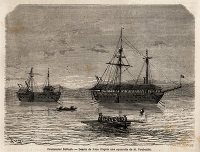 Schwimmende Strafkolonien von Französisch-Guayana, eine Kolonie, die der Gefangenschaft derjenigen gewidmet ist, die die Gerichte übernommen haben und der Männer, die bleiben mussten. Gravur zur Illustration der Reise nach Französisch-Guayana in den Jahren von Unknown artist