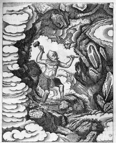 Entstehung der Welten: der chinesische Gott Pan-Kou-Che schnitzt die Erdkruste. Gravur im „Journal de la jeunesse“ von Unknown artist