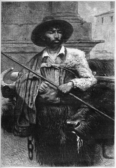 Ehemaliger Bauer: Büffeltreiber (Büffelzucht für Mozzarella). Gravur in „Die illustrierte Welt“ von Unknown artist