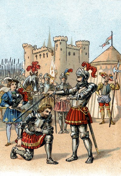 Franz I. von Frankreich bittet den Chevalier Bayard nach dem Sieg in der Schlacht von Marignano, Italien, zum Ritter geschlagen zu werden. von Unknown artist