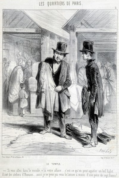 Fripier aus dem Tempelbezirk in Paris versucht, einem Mann Kleidung zu verkaufen. Gravur des 19. Jahrhunderts von Unknown artist