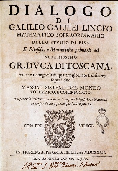 Frontispiz von „Dialog über die zwei großen Weltsysteme“ (dialogo sopra i due massimi sistemi del mondo) in Auftrag gegeben von Papst Urban VIII. an den Astronomen und Physiker Galileo Galilei um 1620 und veröffentlicht 1632 von Unknown artist