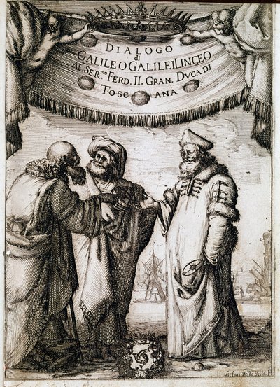 Frontispiz von „Dialog über die zwei großen Weltsysteme“ (dialogo sopra i due massimi sistemi del mondo) im Auftrag von Papst Urban VIII. an den Astronomen und Physiker Galileo Galilei (1564-1642) um 1620 und veröffentlicht 1632 von Unknown artist